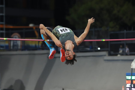 ISTANBUL, TURKEY - SEPTEMBER 04, 2020: Undefined athlete high jumping during Turkish Athletics Championshipsのeditorial素材