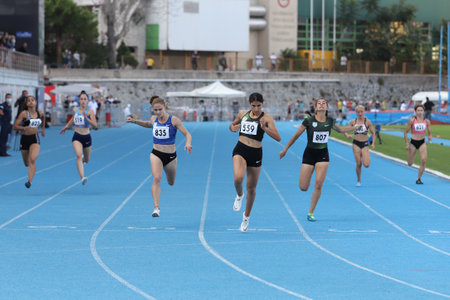 ISTANBUL, TURKEY - SEPTEMBER 05, 2020: Athletes running 100 metres during Turkish Athletics Championshipsのeditorial素材