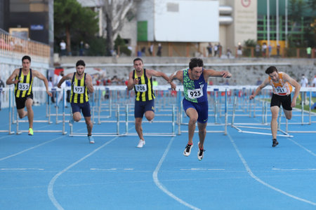 ISTANBUL, TURKEY - SEPTEMBER 05, 2020: Athletes running 100 metres hurdles during Turkish Athletics Championshipsのeditorial素材