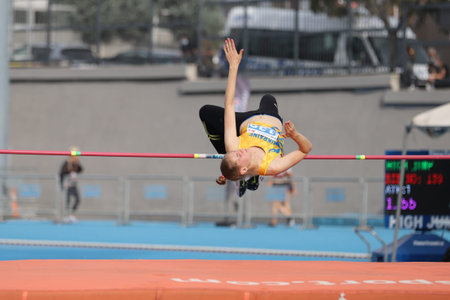 ISTANBUL, TURKEY - SEPTEMBER 13, 2020: Undefined athlete high jumping during Balkan U20 Athletics...