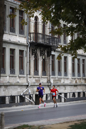 ISTANBUL, TURKEY - SEPTEMBER 20, 2020: Athletes running Istanbul Half Marathon in old town of Istanbulのeditorial素材