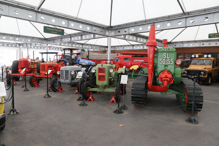 ISTANBUL, TURKEY - SEPTEMBER 20, 2020: Tractors in Rahmi M. Koc Industrial Museum. Koc museum is industrial Museum dedicated to history of transport, industry and communicationsのeditorial素材