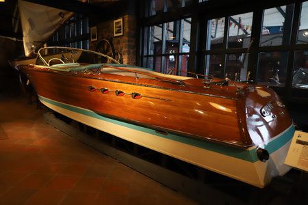 ISTANBUL, TURKEY - SEPTEMBER 20, 2020: Classic speed boat in Rahmi M. Koc Industrial Museum. Koc museum is industrial Museum dedicated to history of transport, industry and communicationsのeditorial素材