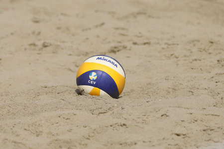 IZMIR, TURKEY - SEPTEMBER 26, 2020: Mikasa VLS300 is official ball of U22 Beach Volleyball European Championships in Selcuk Pamucak Beach.のeditorial素材