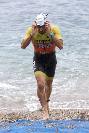 ISTANBUL, TURKEY - OCTOBER 18, 2020:  Undefined athlete competing in swimming component of Istanbul Sprint Triathlonのeditorial素材