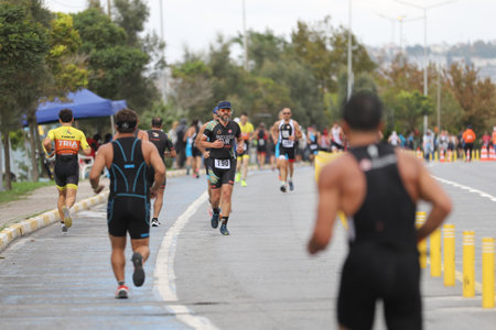 ISTANBUL, TURKEY - OCTOBER 18, 2020:  Athletes competing in running component of Istanbul Sprint Triathlonのeditorial素材