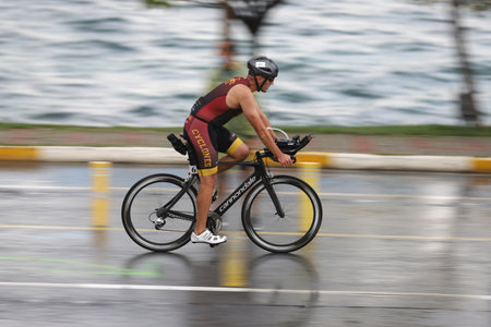 ISTANBUL, TURKEY - OCTOBER 18, 2020:  Undefined athlete competing in cycling component of Istanbul Sprint Triathlonのeditorial素材
