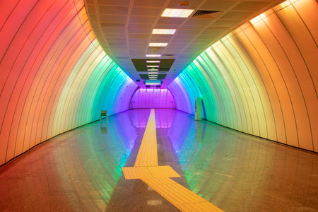 Multicolored and Modern Subway Corridor in a Metro Stationのeditorial素材