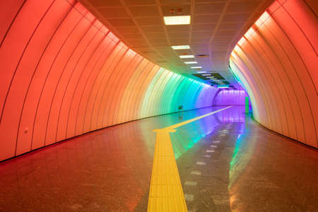 Multicolored and Modern Subway Corridor in a Metro Stationの写真素材