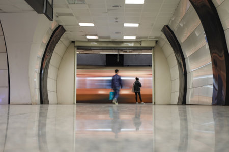 Motin Blured Metro Moving in a Stationのeditorial素材
