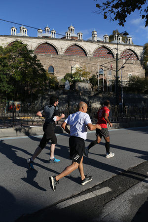 ISTANBUL, TURKEY - NOVEMBER 08, 2020: Athletes running in 42. Istanbul marathon which includes two continents in one race.のeditorial素材