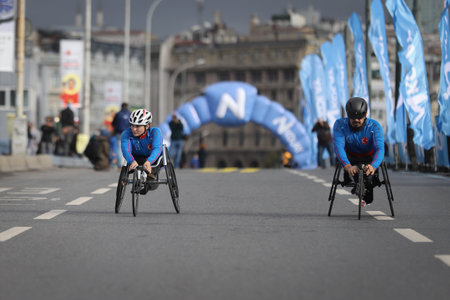 ISTANBUL, TURKEY - NOVEMBER 08, 2020: athlete running in 42. Istanbul marathon which includes two continents in one race.のeditorial素材
