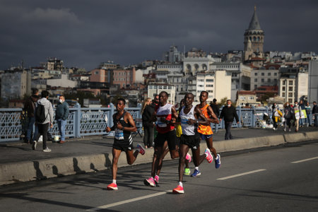 ISTANBUL, TURKEY - NOVEMBER 08, 2020: Athletes running in 42. Istanbul marathon which includes two continents in one race.のeditorial素材