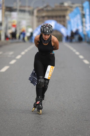 ISTANBUL, TURKEY - NOVEMBER 08, 2020: Skater in 42. Istanbul marathon which includes two continents in one race.のeditorial素材