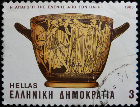 ISTANBUL, TURKEY - DECEMBER 26, 2020: Greece stamp shows The Abduction of Helen by Paris, horiz circa 1983のeditorial素材