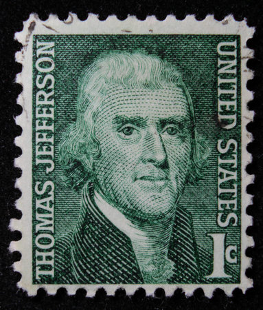 ISTANBUL, TURKEY - DECEMBER 26, 2020: USA stamp shows Thomas Jefferson circa 1965