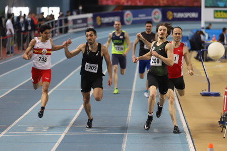 ISTANBUL, TURKEY - FEBRUARY 07, 2021: Athletes running during Turkish Indoor Athletics Championshipsのeditorial素材