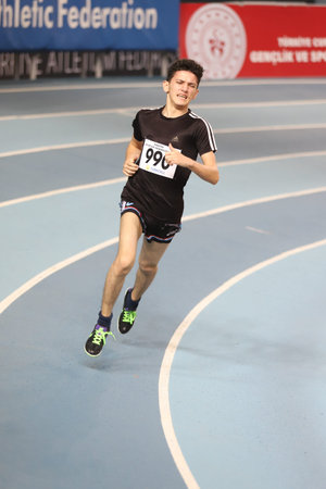 ISTANBUL, TURKEY - FEBRUARY 06, 2021: Undefined athlete running during Turkish Indoor Athletics...