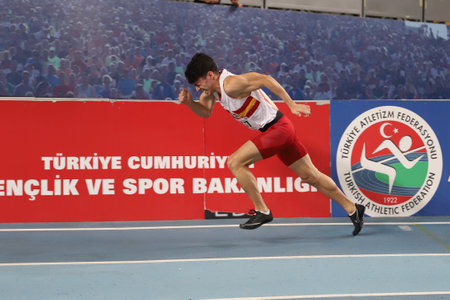 ISTANBUL, TURKEY - FEBRUARY 07, 2021: Undefined athlete running during Turkish Indoor Athletics Championshipsのeditorial素材