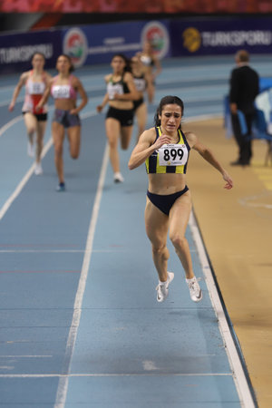 ISTANBUL, TURKEY - FEBRUARY 07, 2021: Athletes running during Turkish Indoor Athletics Championshipsのeditorial素材