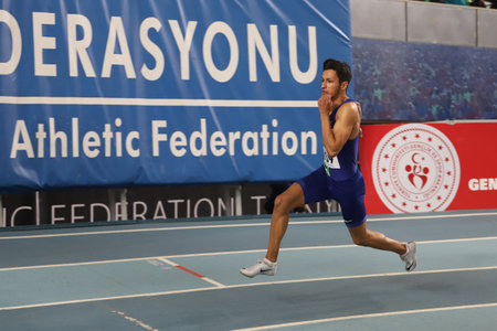 ISTANBUL, TURKEY - FEBRUARY 07, 2021: Undefined athlete running during Turkish Indoor Athletics Championshipsのeditorial素材
