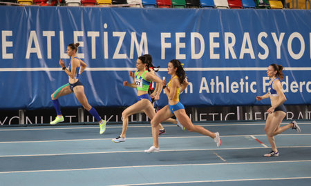 ISTANBUL, TURKEY - FEBRUARY 20, 2021: Athletes running during Balkan Athletics Indoor Championshipsのeditorial素材