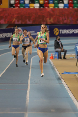 ISTANBUL, TURKEY - FEBRUARY 20, 2021: Athletes running during Balkan Athletics Indoor Championshipsのeditorial素材
