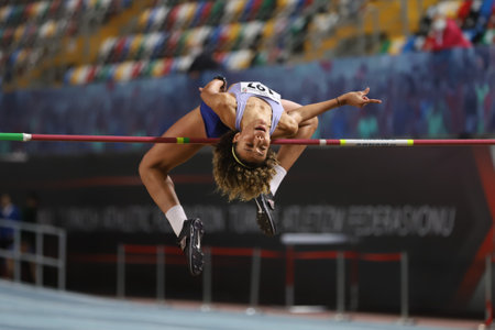 ISTANBUL, TURKEY - JANUARY 31, 2021: Undefined athlete high jumping during Turkish Athletic Federation Olympic Threshold Competitionsのeditorial素材