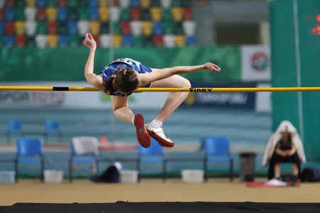 ISTANBUL, TURKEY - FEBRUARY 14, 2021: Undefined athlete high jumping during Turkish Athletic Federation Threshold Competitionsのeditorial素材