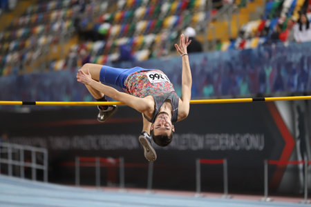 ISTANBUL, TURKEY - FEBRUARY 14, 2021: Undefined athlete high jumping during Turkish Athletic Federation Threshold Competitionsのeditorial素材