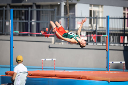 ISTANBUL, TURKEY - JUNE 12, 2021: Undefined athlete high jumping during Balkan U20 Athletics Championshipsのeditorial素材