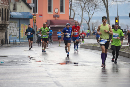 ISTANBUL, TURKEY - APRIL 04, 2021: Athletes running Istanbul Half Marathon in old town of Istanbulのeditorial素材
