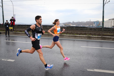 ISTANBUL, TURKEY - APRIL 04, 2021: Athletes running Istanbul Half Marathon in old town of Istanbulのeditorial素材