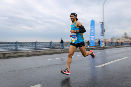 ISTANBUL, TURKEY - APRIL 04, 2021: Athlete running Istanbul Half Marathon in old town of Istanbul