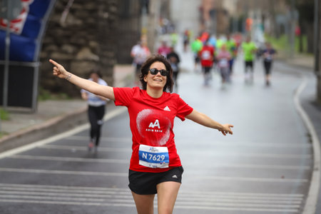 ISTANBUL, TURKEY - APRIL 04, 2021: Athletes running Istanbul Half Marathon in old town of Istanbulのeditorial素材