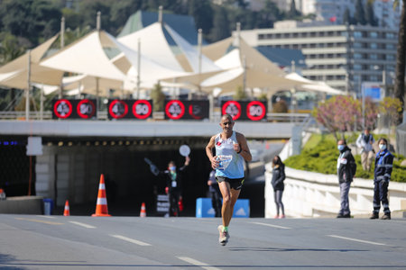 IZMIR, TURKEY - APRIL 11, 2021: Athlete running Marathon Izmirのeditorial素材