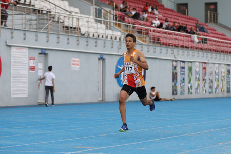 ISTANBUL, TURKEY - JUNE 23, 2021: Undefined athlete running during Turkish Athletic Federation Cezmi Or Cupのeditorial素材