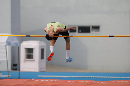 ISTANBUL, TURKEY - JUNE 23, 2021: Undefined athlete high jumping during Turkish Athletic Federation...