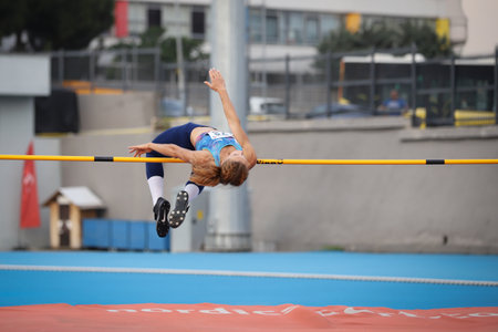 ISTANBUL, TURKEY - JUNE 23, 2021: Undefined athlete high jumping during Turkish Athletic Federation Cezmi Or Cupのeditorial素材