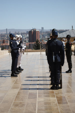 ANKARA, TURKEY - JULY 30, 2021: Soldiers march for changing of the guard ceremony in Anitkabir. Anitkabir is the mausoleum of Ataturk, the founder and first President of the Republic of Turkey.のeditorial素材