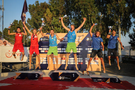 IZMIR, TURKEY - JULY 11, 2021: Awards ceremony of CEV U20 Beach Volleyball European Championships in Inciralti Beach.のeditorial素材