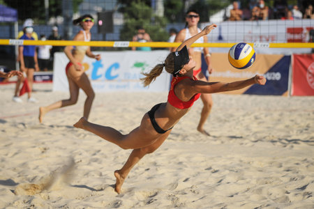 IZMIR, TURKEY - JULY 11, 2021: Spain (Moreno and Vergara) vs Russia (Maria Bocharova and Gubina) Final match of CEV U20 Beach Volleyball European Championships in Inciralti Beach.のeditorial素材