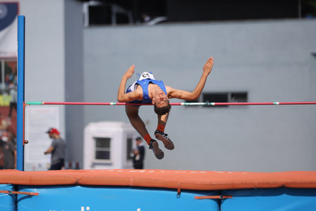 ISTANBUL, TURKEY - AUGUST 07, 2021: Undefined athlete high jumping during Turkish Athletic Federation Olympic Threshold Competitionsのeditorial素材