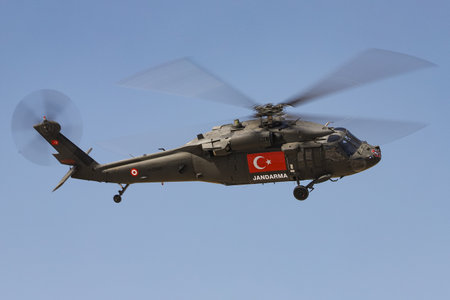 ESKISEHIR, TURKEY - SEPTEMBER 12, 2021: Turkish Jandarma Force Sikorsky S-70A-28 Blackhawk display in Sivrihisar SHG Airshowのeditorial素材