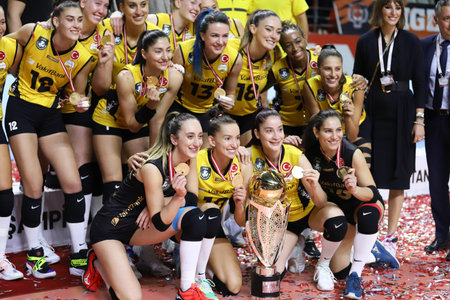 ISTANBUL, TURKEY - SEPTEMBER 05, 2021: Vakifbank celebrating the win of Vakifbank vs Eczacibasi Champions Cup match in Burhan Felek Sport Hallのeditorial素材
