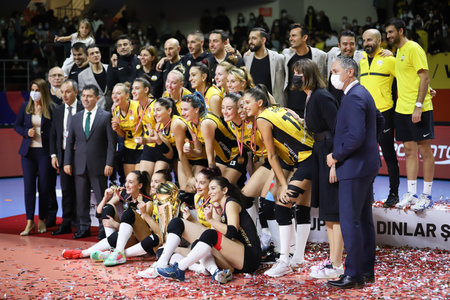 ISTANBUL, TURKEY - SEPTEMBER 05, 2021: Vakifbank celebrating the win of Vakifbank vs Eczacibasi Champions Cup match in Burhan Felek Sport Hallのeditorial素材