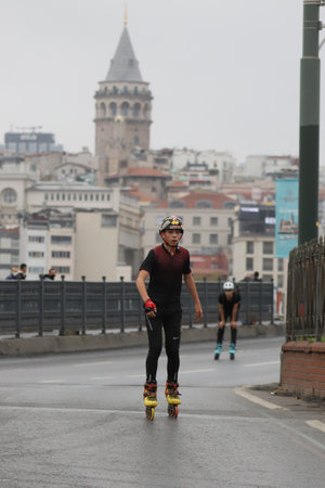 ISTANBUL, TURKEY - NOVEMBER 07, 2021: Skater in 43. Istanbul marathon which includes two continents in one race.のeditorial素材