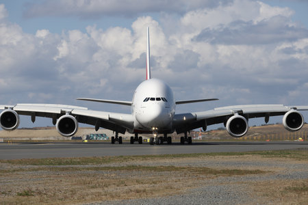 ISTANBUL, TURKEY - OCTOBER 05, 2021: Emirates Airbus A380-842 (CN 269) landing to Istanbul International Airport.のeditorial素材