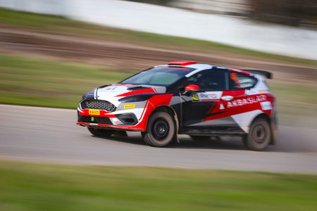 KOCAELI, TURKEY - DECEMBER 26, 2021: Erol Akbas drives Ford Fiesta Rally3 of Castrol Ford Team Turkey during Turkish Rallycross Championships.のeditorial素材