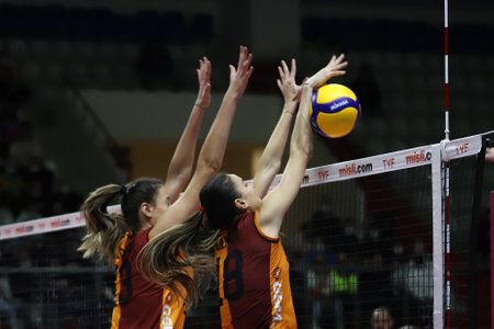 ISTANBUL, TURKEY - JANUARY 30, 2022: Gamze Kilic and Zeynep Sude Demirel in action during Galatasaray vs Yesilyurt Turkish Sultans League match in Burhan Felek Sport Hallのeditorial素材